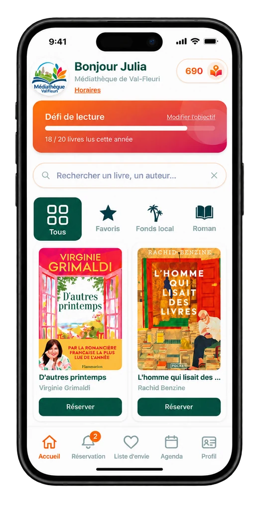 Capture d'écran de l'accueil de l'application BliGO : défi de lecture, recherche et catalogue de livres de la médiathèque